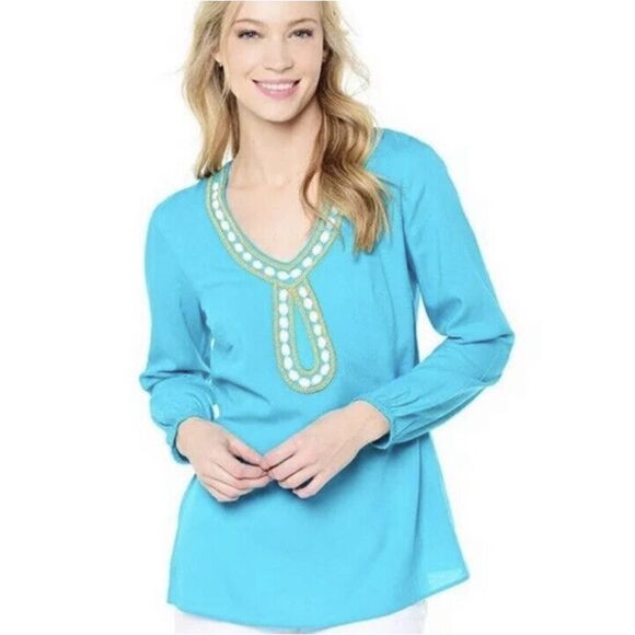 Lilly Pulitzer Violet Tunic Top in Deep Cyan Blue Size S Gold Beaded Embellished - Picture 2 of 9